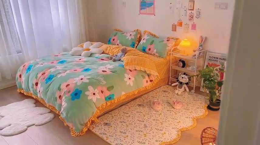 91家纺网 家纺一手货源 找家纺 青竹苑 2021新款220克ins韩版花边牛奶绒印花四件套 花曳