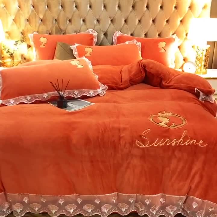 91家纺网 家纺一手货源 找家纺 青竹苑2021新款220克加厚保暖牛奶绒刺绣蕾丝太妃款四件套 太妃桔