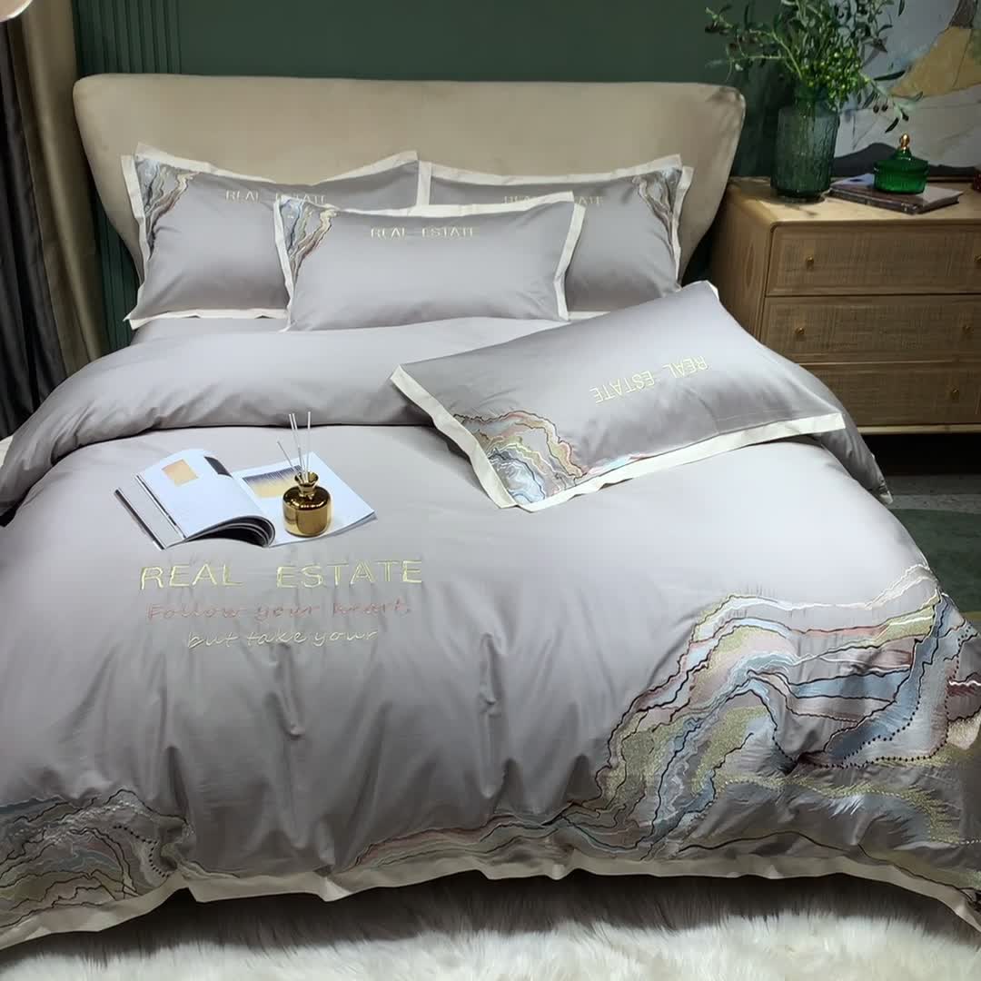 91家纺网 家纺一手货源 找家纺 甜咪咪 2021新款居家系列100支长绒棉四件套 大理石银灰