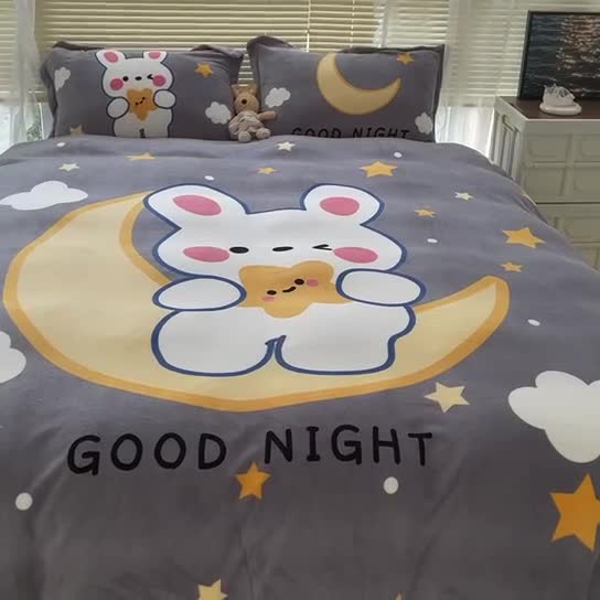 91家纺网 家纺一手货源 找家纺 慕尚 2022新款北欧牛奶绒大版四件套实拍图暖光 月亮兔