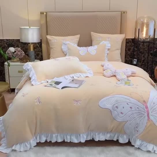 91家纺网 家纺一手货源 找家纺 星尚 2021新款A类进口牛奶绒加厚水晶绒绣花四件套 翩翩起舞-鹅黄