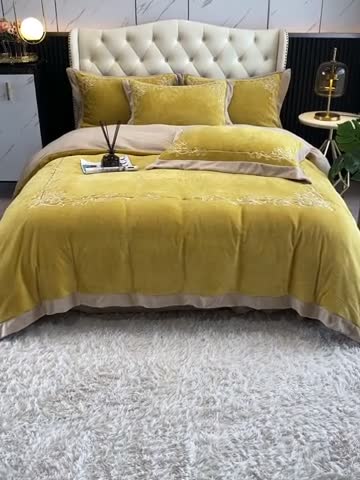 91家纺网 家纺一手货源 找家纺 露梦新款210克超柔牛奶绒抗静电轻奢刺绣款四件套卡琳娜姜黄