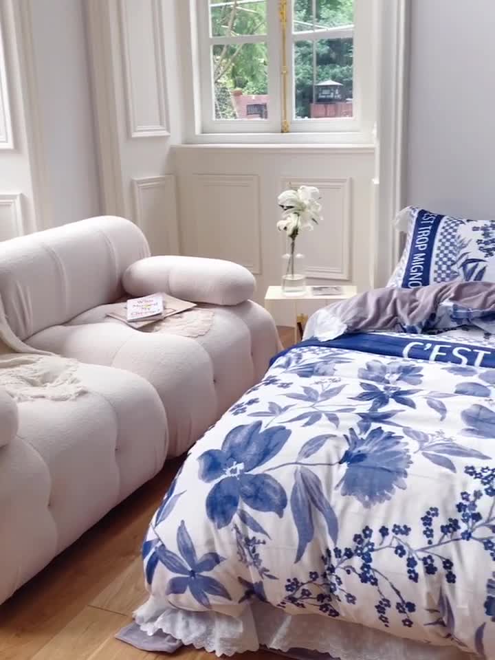 91家纺网 家纺一手货源 找家纺 圆岛家纺新款冬季森系新款高档婴儿绒花边款加厚四件套 蓝调