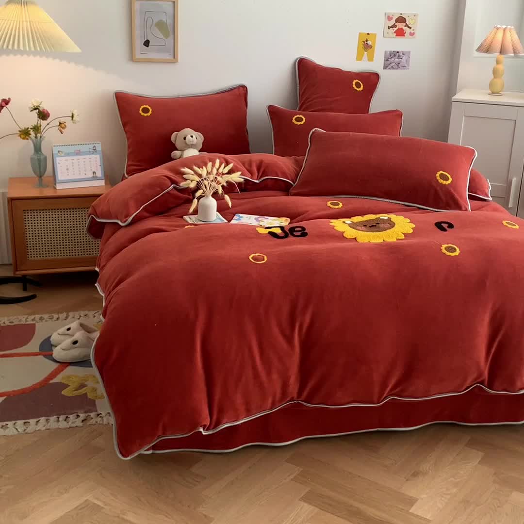 91家纺网 家纺一手货源 找家纺 绒兔兔 2021秋冬牛奶绒毛巾绣韩版床裙床单四件套 向日葵-红橘