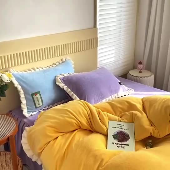 91家纺网 家纺一手货源 找家纺 金爱家2021新款牛奶绒230g糖果色四件套 糖果色-浅烙黄