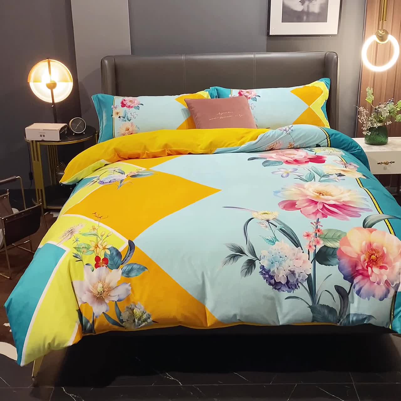 91家纺网 家纺一手货源 找家纺 ds生活馆2021新款奢系列数码印花水晶绒牛奶绒四件套 花涧里