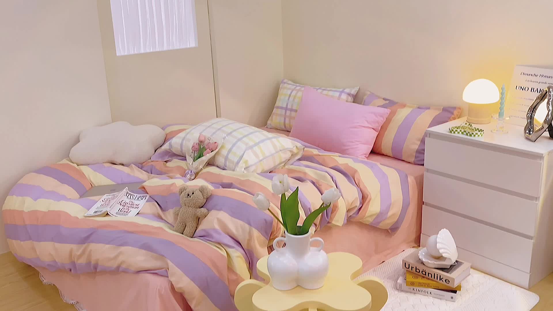 91家纺网 家纺一手货源 找家纺 顾里家纺2021新款40支高密度奶油撞色水洗棉四件套 彩条