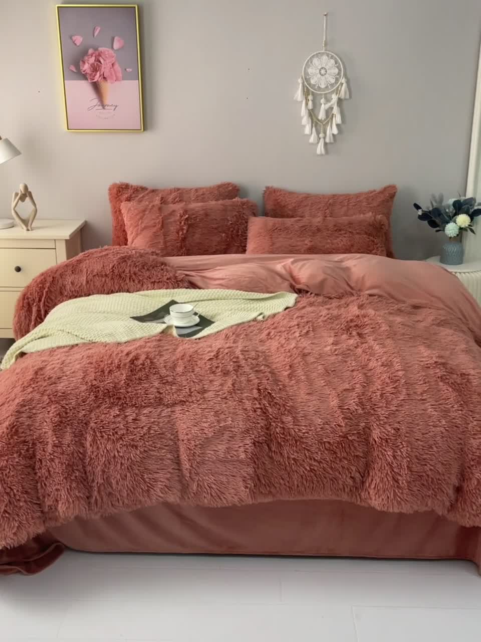 91家纺网 家纺一手货源 找家纺 品尚嘉家纺2025新款纯色水貂绒四件套长毛绒保暖套件 皮粉