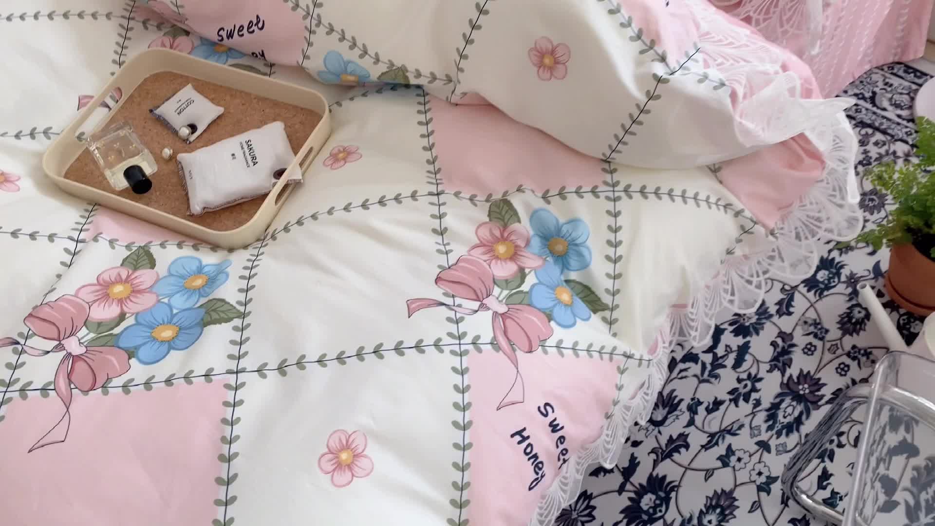 91家纺网 家纺一手货源 找家纺 顾里40支13372复古韩风蕾丝大花边全棉四件套花花蝴蝶结