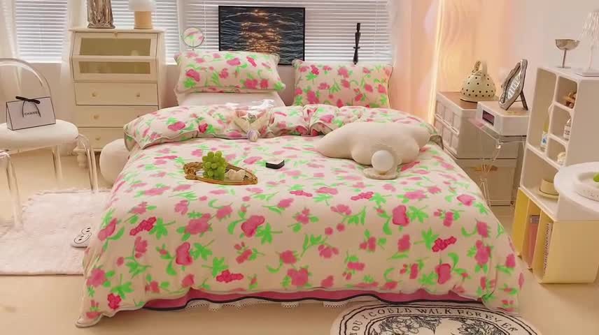 91家纺网 家纺一手货源 找家纺 顾里家纺2021新款ins韩国高端保暖牛奶绒四件套春系玫花