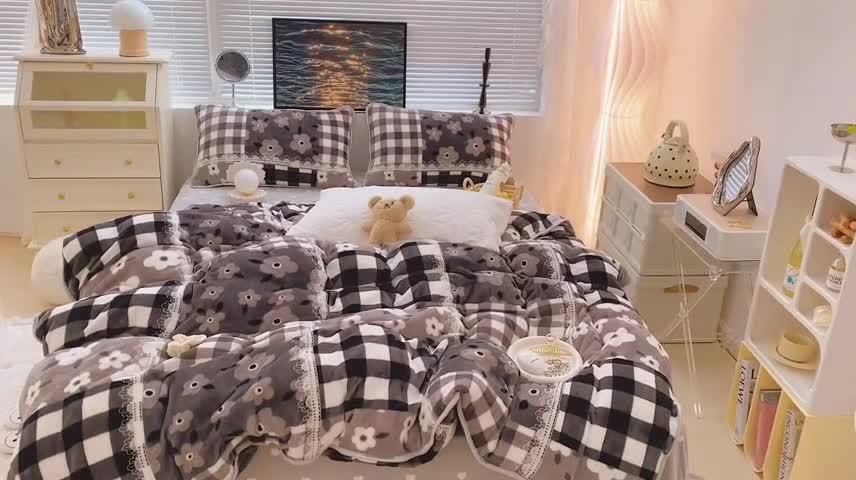 91家纺网 家纺一手货源 找家纺 顾里家纺2021新款ins韩国高端保暖牛奶绒四件套格子碎花