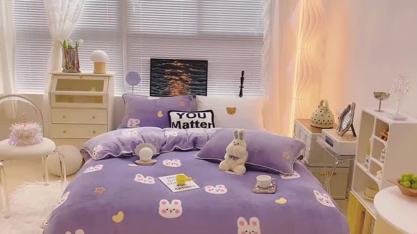 91家纺网 家纺一手货源 找家纺 顾里家纺2021新款ins韩国高端保暖牛奶绒四件套月亮兔兔