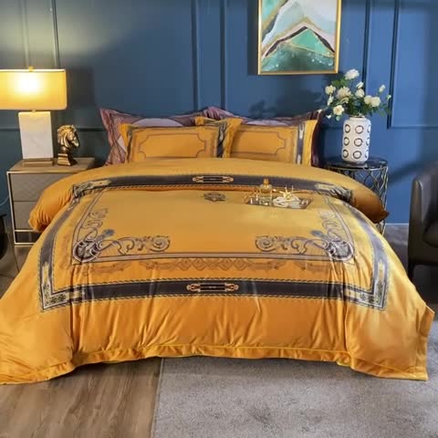 91家纺网 家纺一手货源 找家纺 青竹苑 2021新款真丝绒数码印花四件套 佛罗伦萨-黄