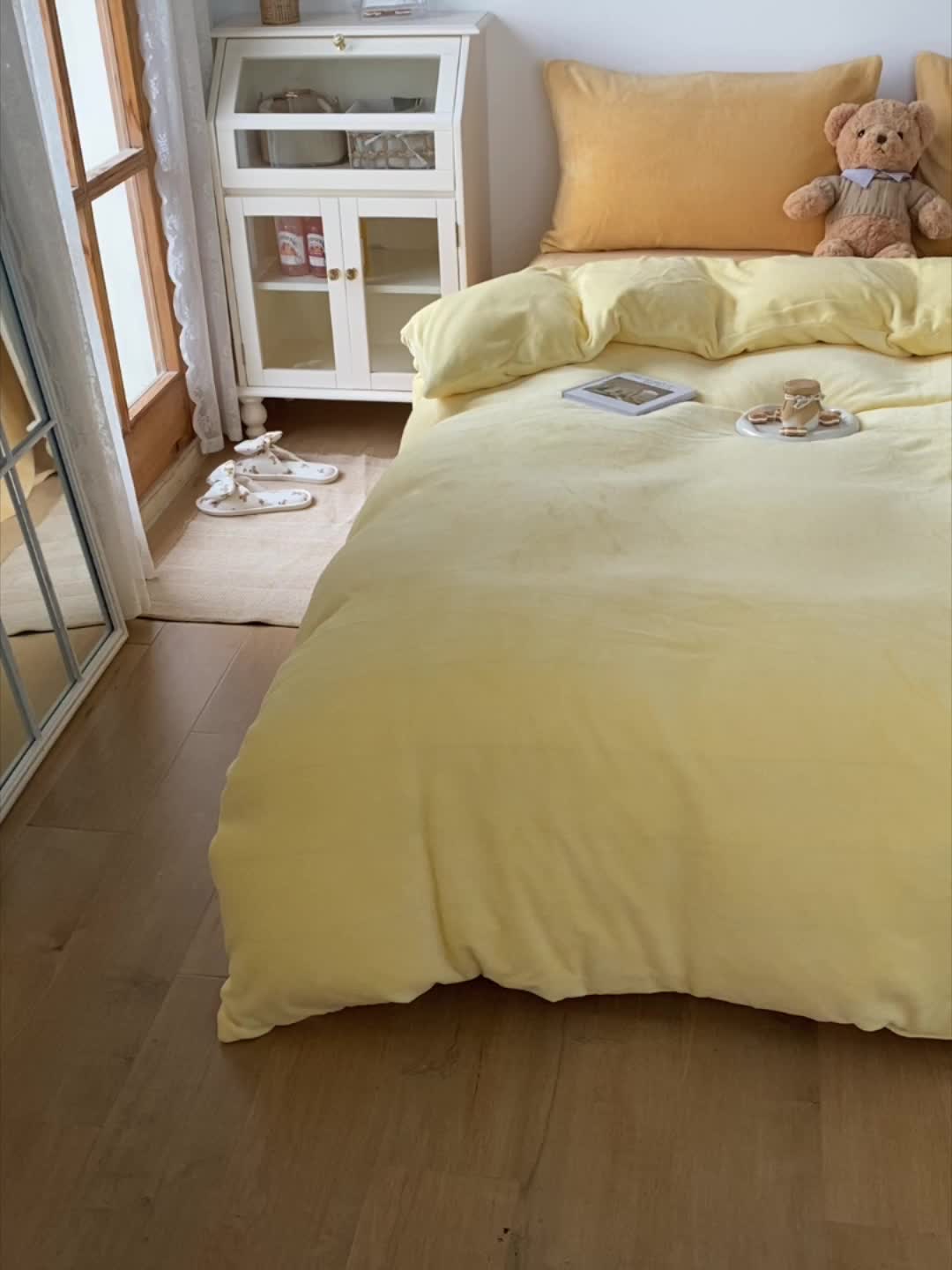 91家纺网 家纺一手货源 找家纺 星期八 2021新款马卡龙牛奶绒四件套 黄-姜黄