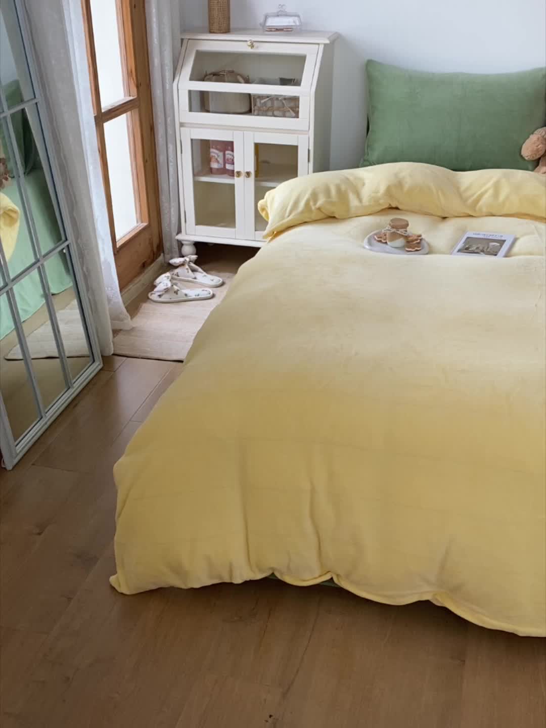 91家纺网 家纺一手货源 找家纺 星期八 2021新款马卡龙牛奶绒四件套 黄-绿