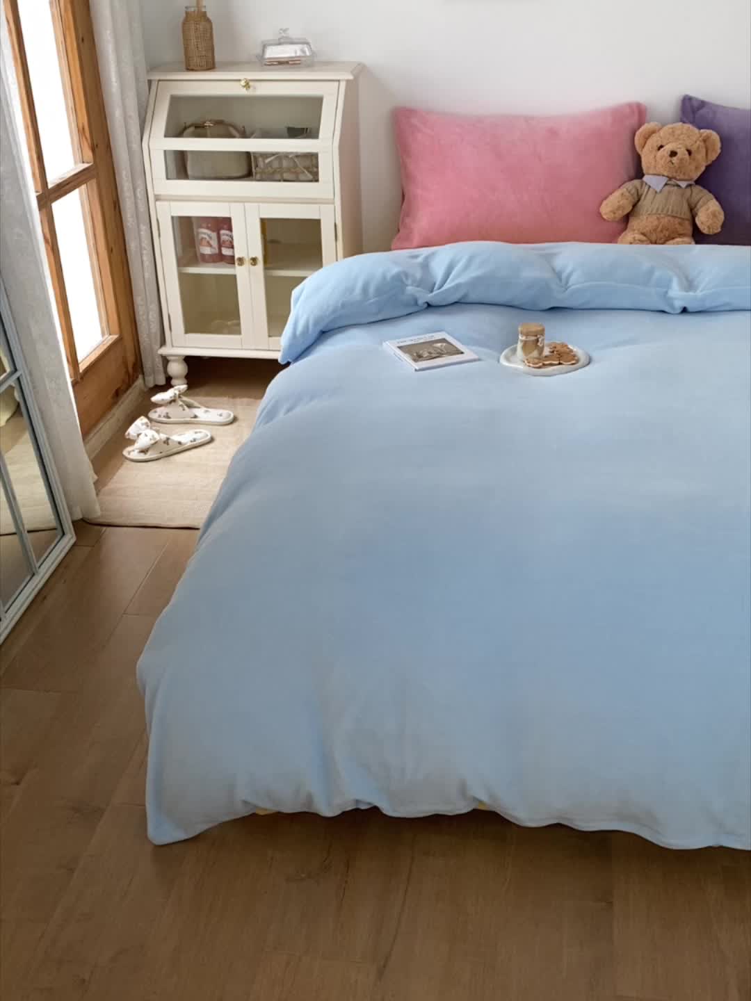 91家纺网 家纺一手货源 找家纺 星期八 2021新款马卡龙牛奶绒四件套 蓝-黄