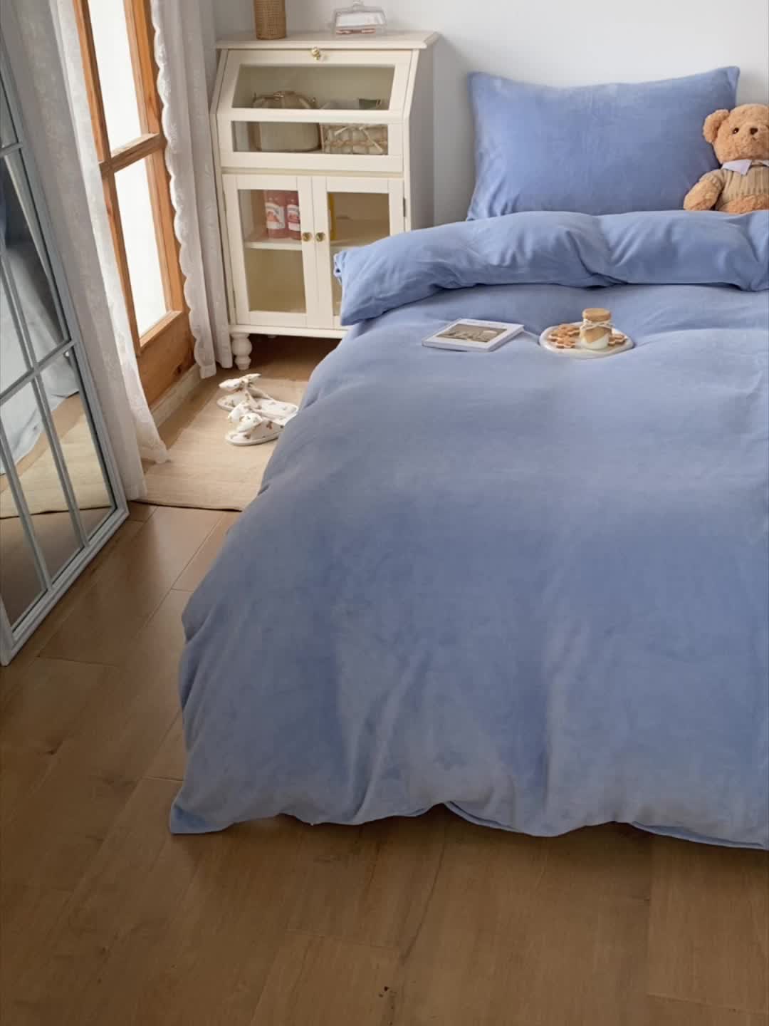 91家纺网 家纺一手货源 找家纺 星期八 2021新款马卡龙牛奶绒四件套 蓝-灰