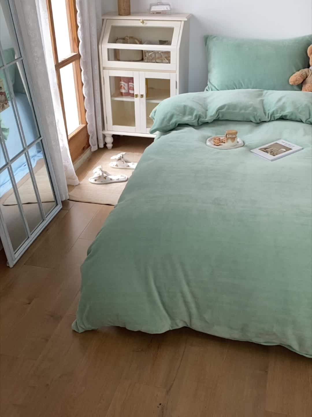 91家纺网 家纺一手货源 找家纺 星期八 2021新款马卡龙牛奶绒四件套 绿-蓝