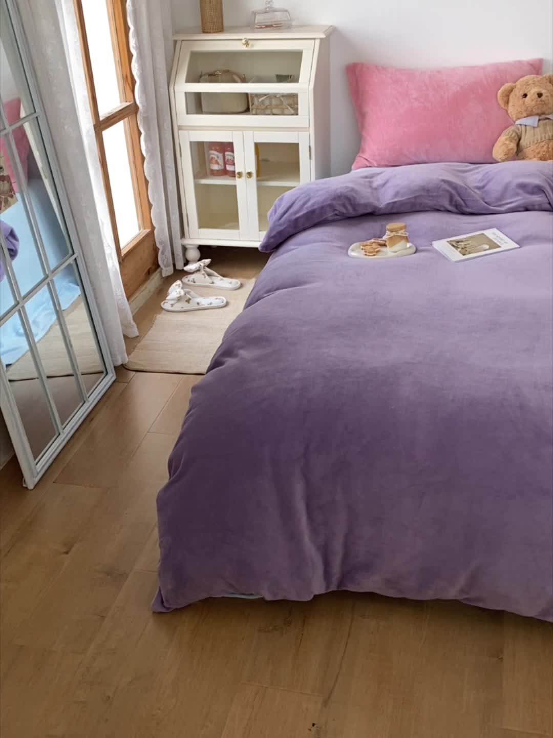 91家纺网 家纺一手货源 找家纺 星期八 2021新款马卡龙牛奶绒四件套 紫-蓝