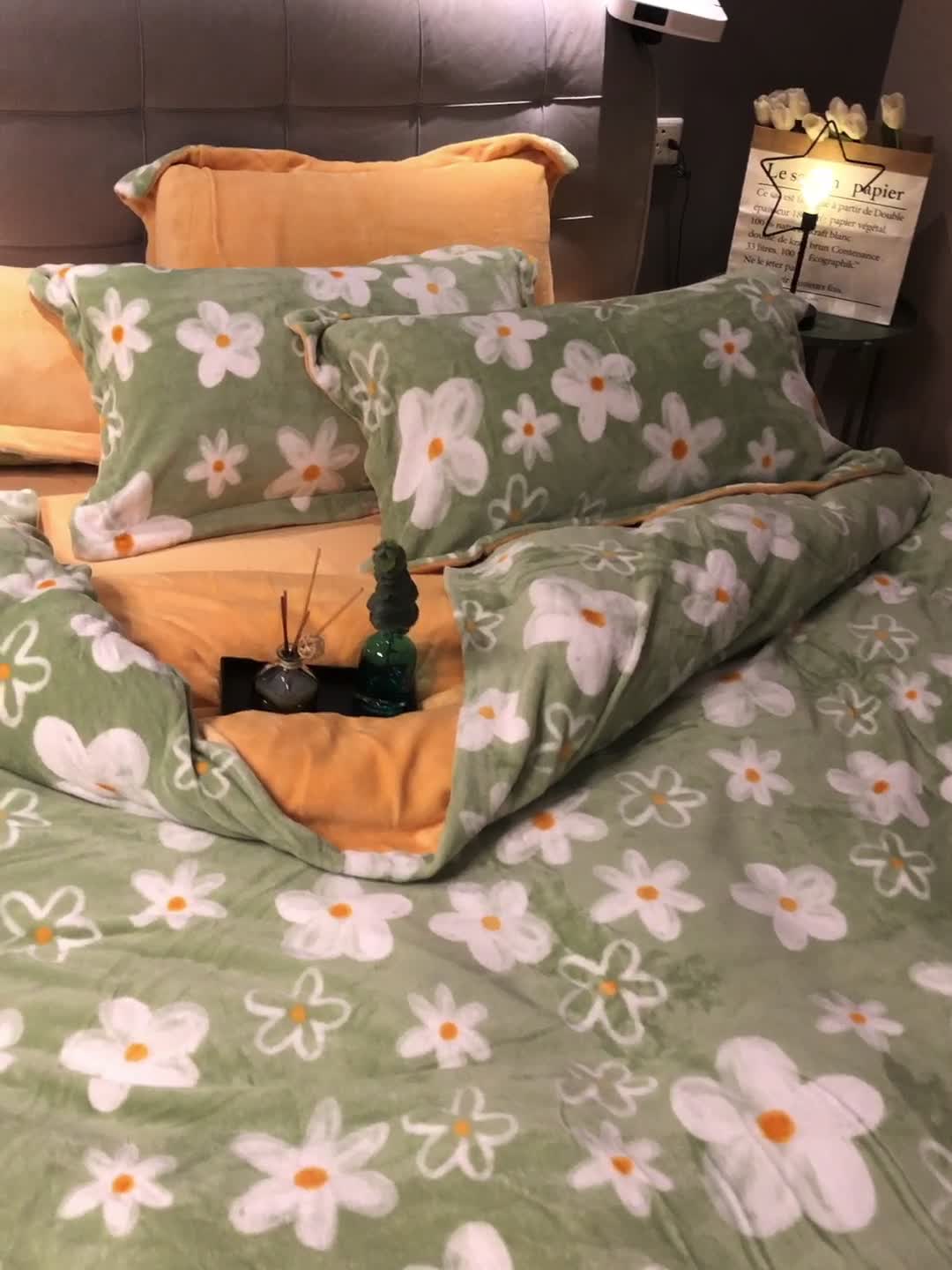 91家纺网 家纺一手货源 找家纺 棉生活 2021新款小清新牛奶绒四件套 清野