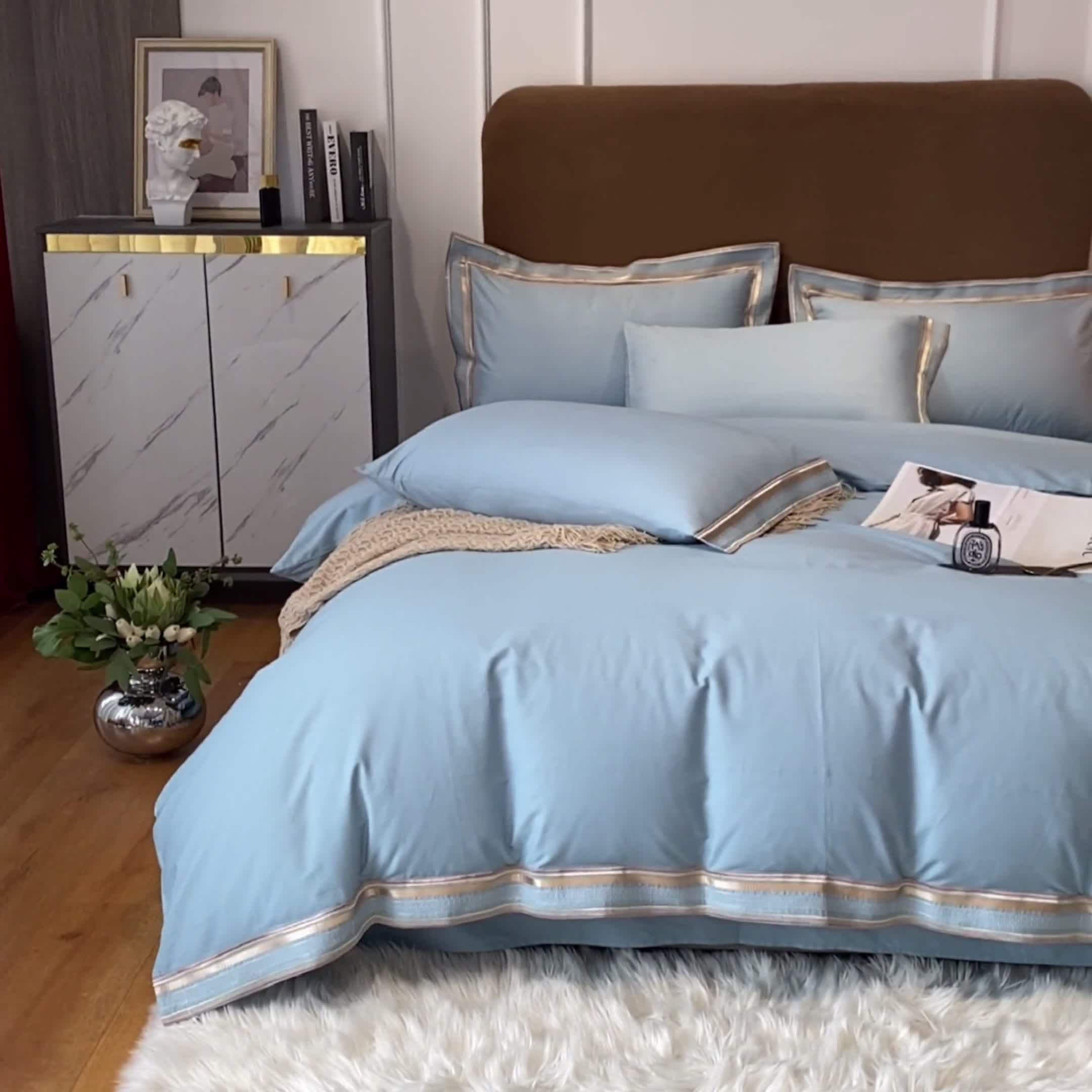 91家纺网 家纺一手货源 找家纺 安妮家居 2021新款全棉轻奢刺绣简约风四件套-米兰 摩卡蓝