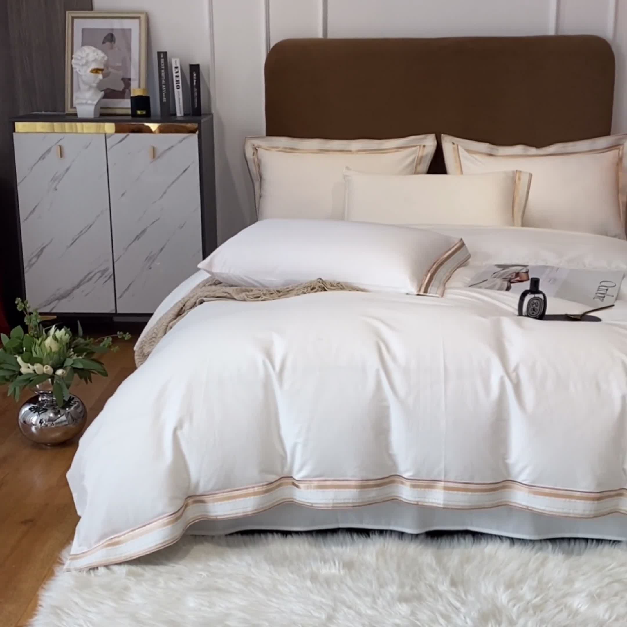 91家纺网 家纺一手货源 找家纺 安妮家居 2021新款全棉轻奢刺绣简约风四件套-米兰 珍珠白