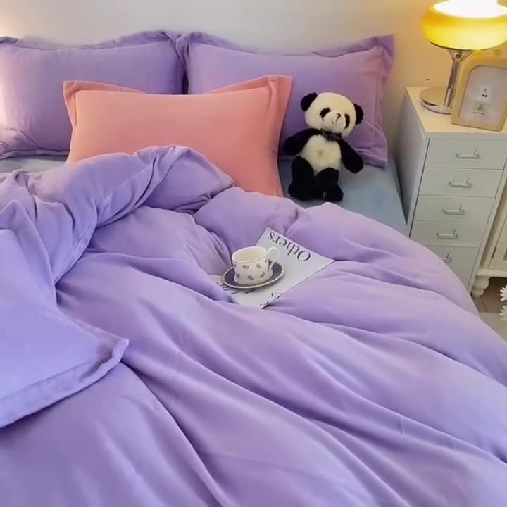 91家纺网 家纺一手货源 找家纺 优彩 2021新款高克重纯色混搭牛奶绒四件套 香芋紫