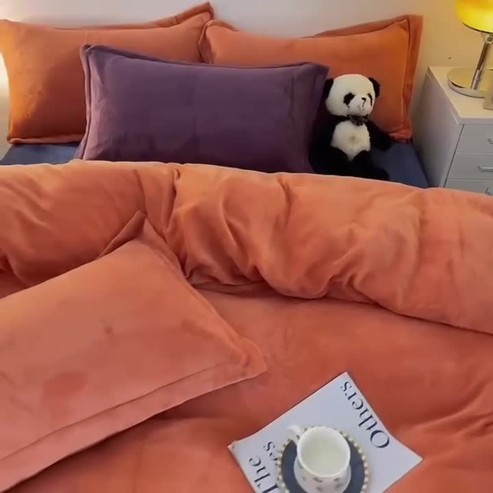 91家纺网 家纺一手货源 找家纺 优彩 2021新款高克重纯色混搭牛奶绒四件套 蜜橙