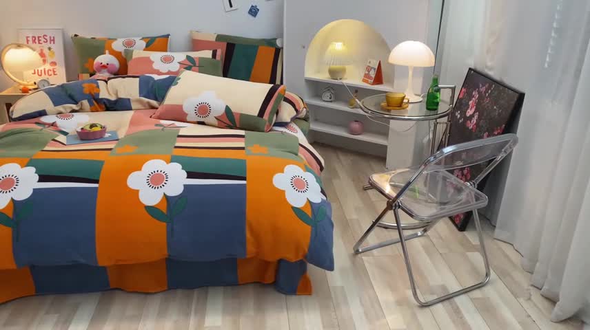 91家纺网 家纺一手货源 找家纺 金爱家 2021新款跑量款牛奶绒四件套 多彩向阳花