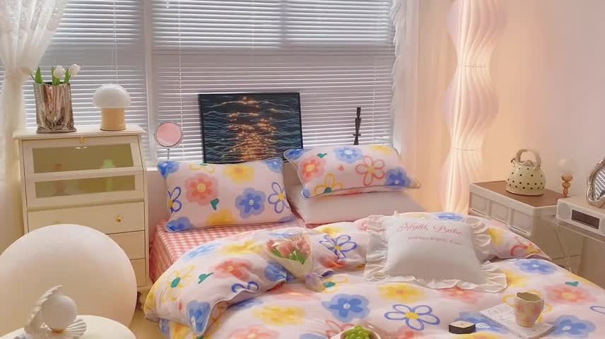 91家纺网 家纺一手货源 找家纺 顾里2021新款ins韩国高端保暖牛奶绒四件套 粉油画花花