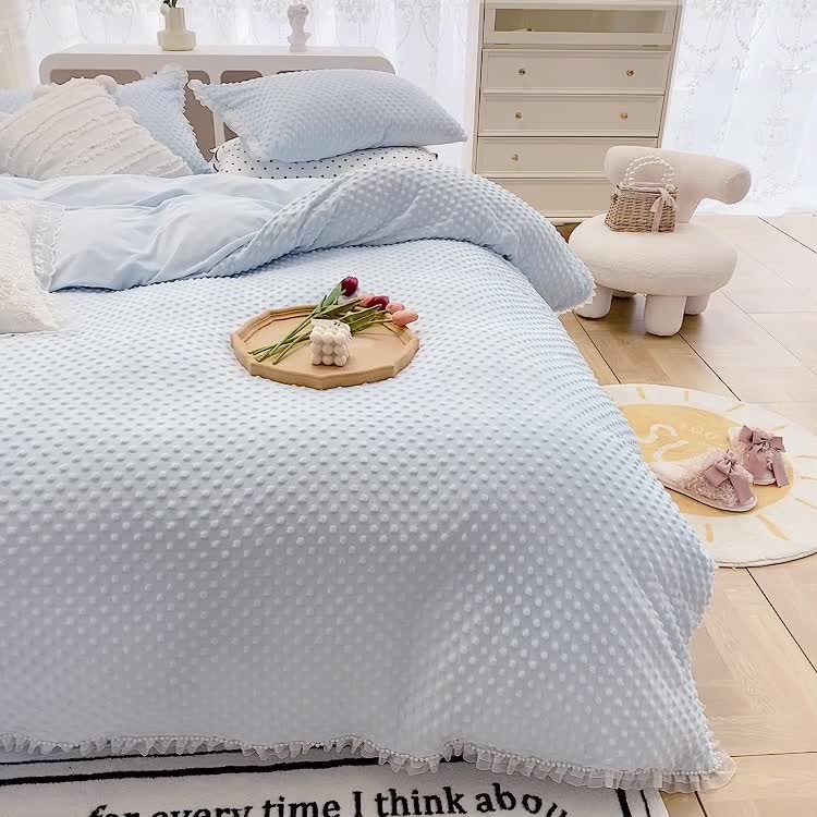 91家纺网 家纺一手货源 找家纺 玛奇朵 2021新款豆豆绒珍珠款四件套-梦露系列 梦露-婴儿蓝