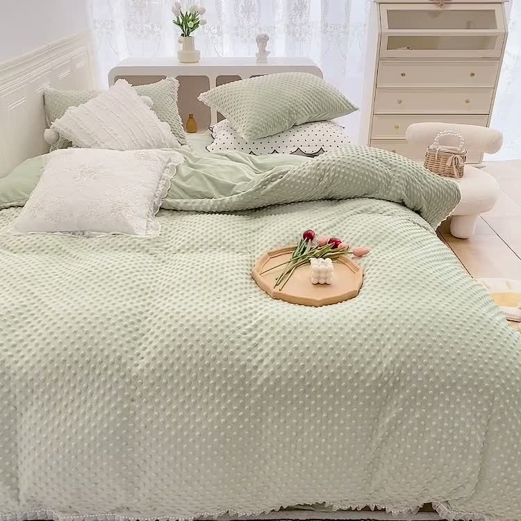91家纺网 家纺一手货源 找家纺 玛奇朵 2021新款豆豆绒珍珠款四件套-梦露系列 梦露-薄荷绿