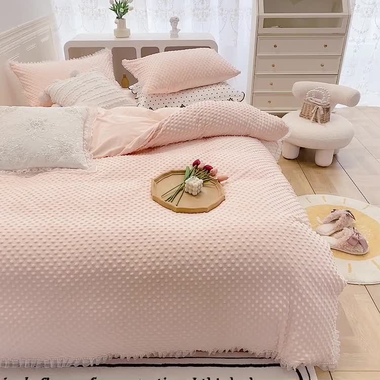 91家纺网 家纺一手货源 找家纺 玛奇朵 2021新款豆豆绒珍珠款四件套-梦露系列梦露-蜜桃橙