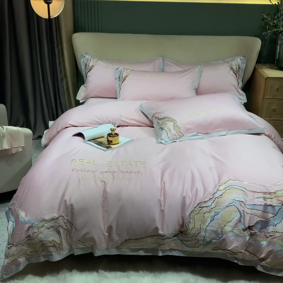 91家纺网 家纺一手货源 找家纺 （总）2022新款纯棉50支双股贡缎长绒棉绣花四件套 全棉刺绣