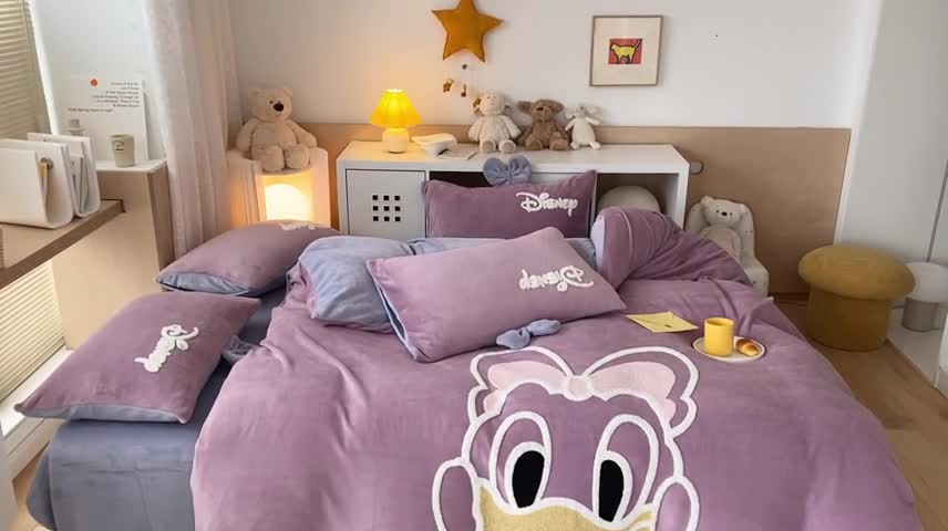 91家纺网 家纺一手货源 找家纺 朗莎家纺 2021新款毛巾绣牛奶绒四件套 黛西香芋紫