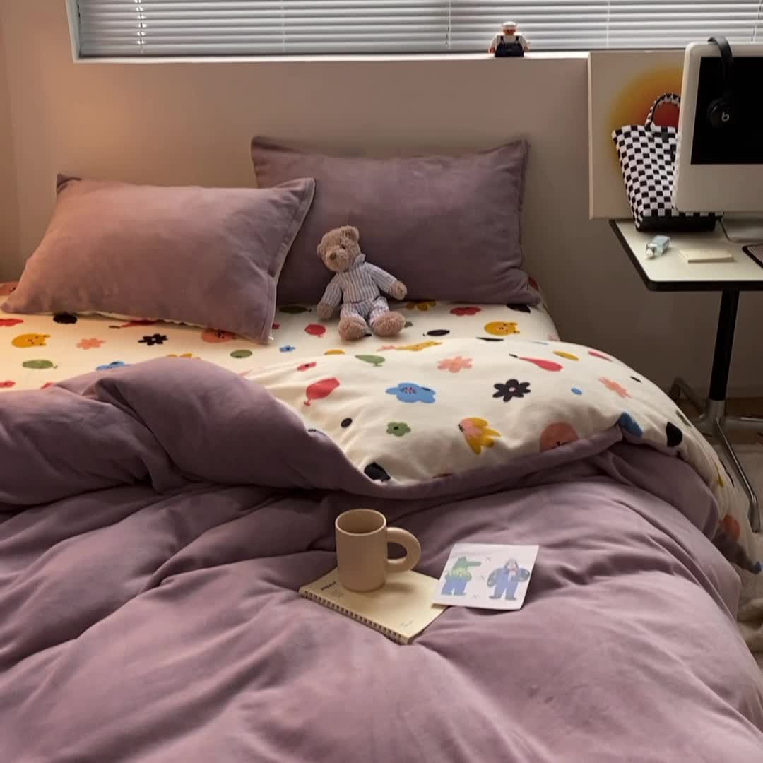 91家纺网 家纺一手货源 找家纺 （总）棉眠 2021新款纯色拼卡通牛奶绒四件套