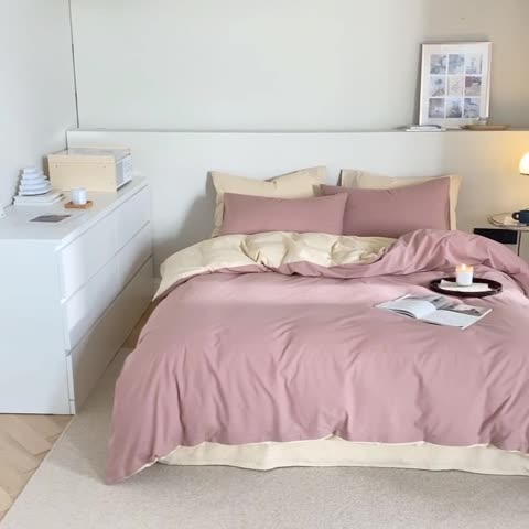 91家纺网 家纺一手货源 找家纺 寐眠 2021新款A类40支全棉撞色四件套 藕粉+奶茶