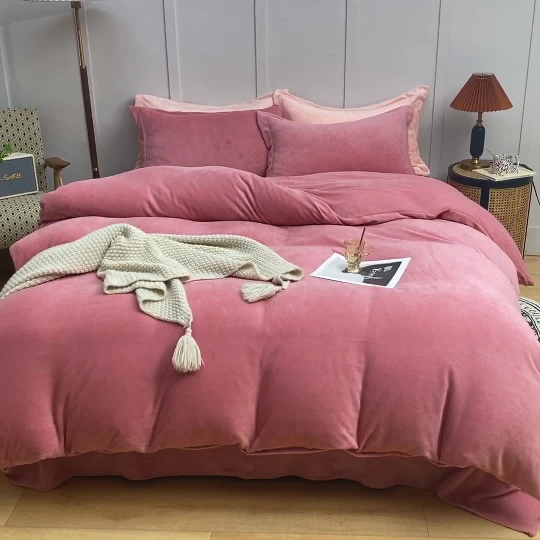 91家纺网 家纺一手货源 找家纺 艾米家居  2021新款纯色拼色牛奶绒系列四件套 豆沙