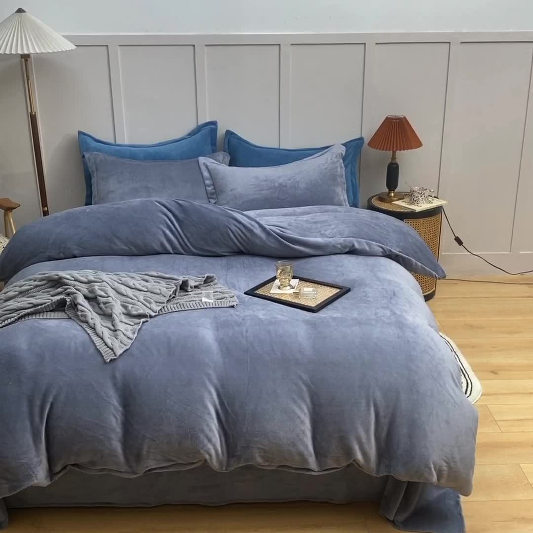 91家纺网 家纺一手货源 找家纺 艾米家居  2021新款纯色拼色牛奶绒系列四件套 灰