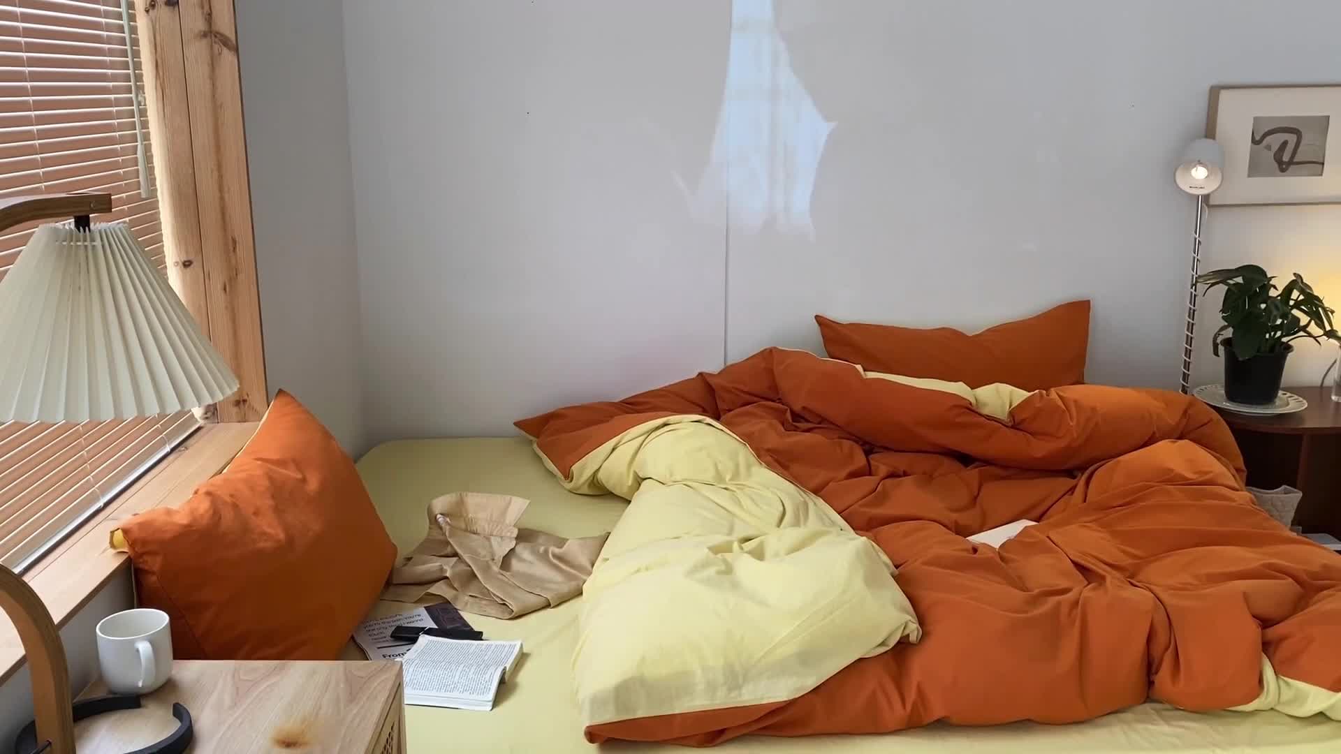 91家纺网 家纺一手货源 找家纺 梦享生活家居 2021新款水洗棉双拼四件套 橙色＋柠檬黄