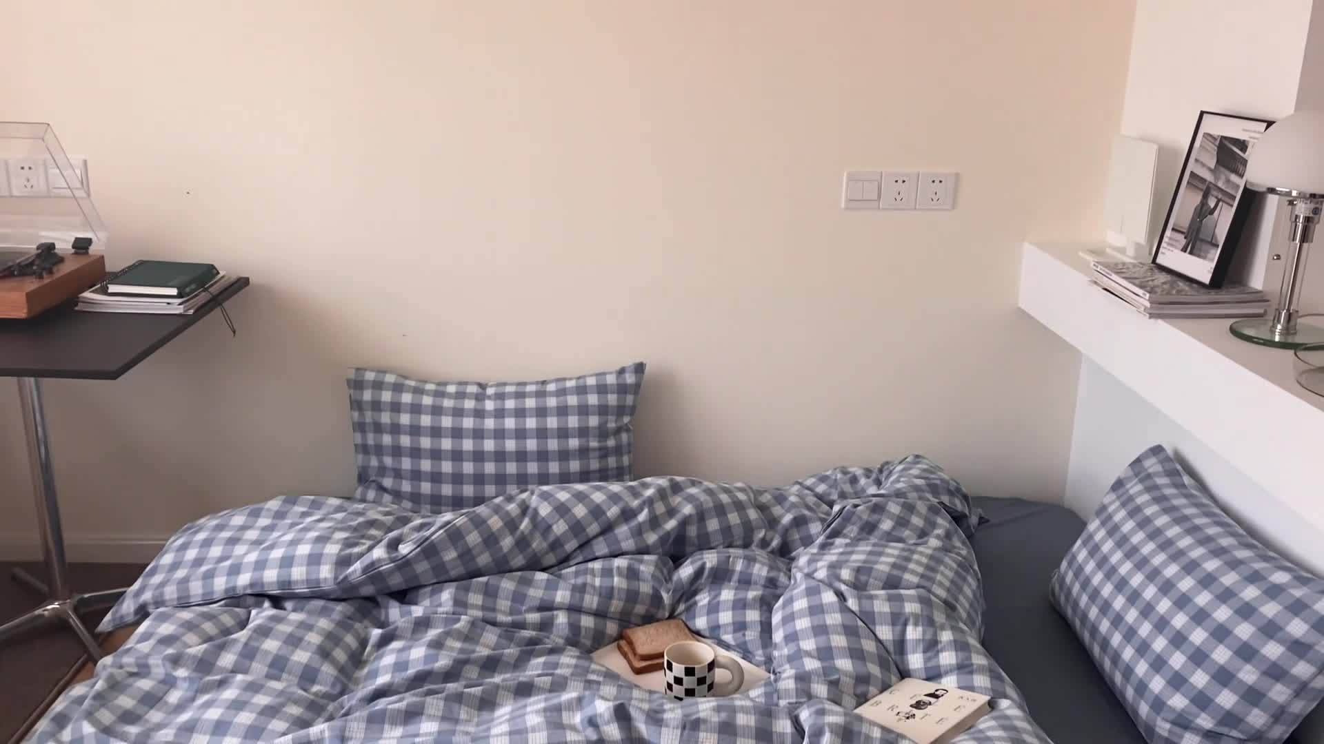 91家纺网 家纺一手货源 找家纺 梦享生活家居 2021新款水洗棉色织全棉四件套 晓月格雾蓝