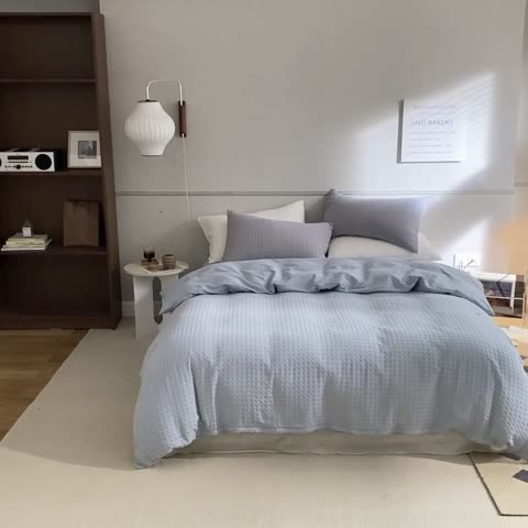 91家纺网 家纺一手货源 找家纺 梦享生活 2021新款华夫格水洗棉四件套 雾青