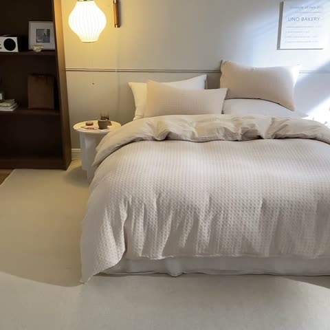 91家纺网 家纺一手货源 找家纺 梦享生活 2021新款华夫格水洗棉四件套 奶杏