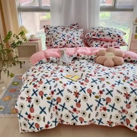 91家纺网 家纺一手货源 找家纺 上尚居 2022新款加厚保暖牛奶绒四件套 蔷薇花开粉