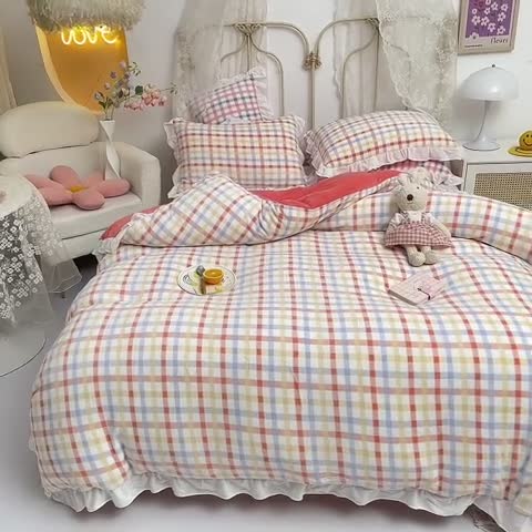 91家纺网 家纺一手货源 找家纺 欧冠家纺 2021新款保暖牛奶绒单被套 橙-格子