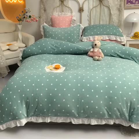 91家纺网 家纺一手货源 找家纺 欧冠家纺 2021新款保暖牛奶绒单被套 绿-波点