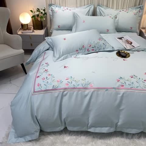 91家纺网 家纺一手货源 找家纺 品家居2021新款贝拉花园180支全棉澳棉刺绣四件套 贝拉花园-蓝