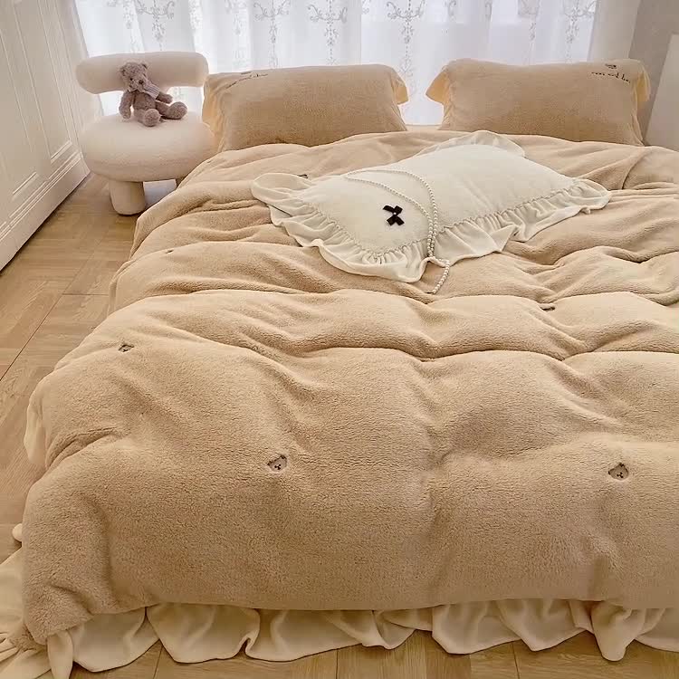 91家纺网 家纺一手货源 找家纺 玛奇朵 2021秋冬新款泰迪绒系列四件套 泰迪-栗色