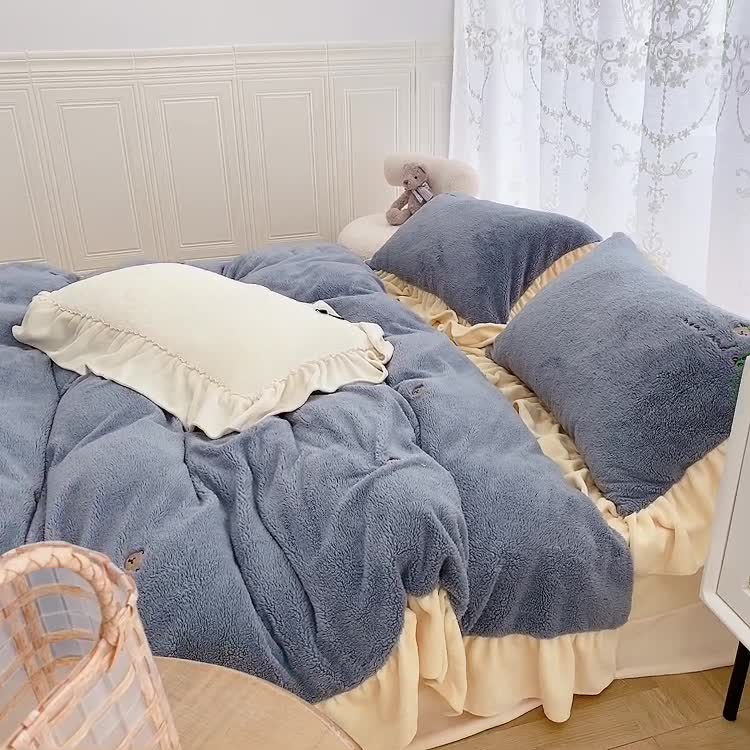 91家纺网 家纺一手货源 找家纺 玛奇朵 2021秋冬新款泰迪绒系列四件套 泰迪-蓝色