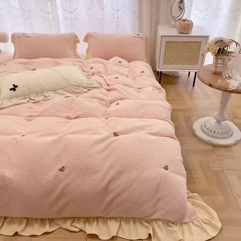 91家纺网 家纺一手货源 找家纺 玛奇朵 2021秋冬新款泰迪绒系列四件套 泰迪-粉色